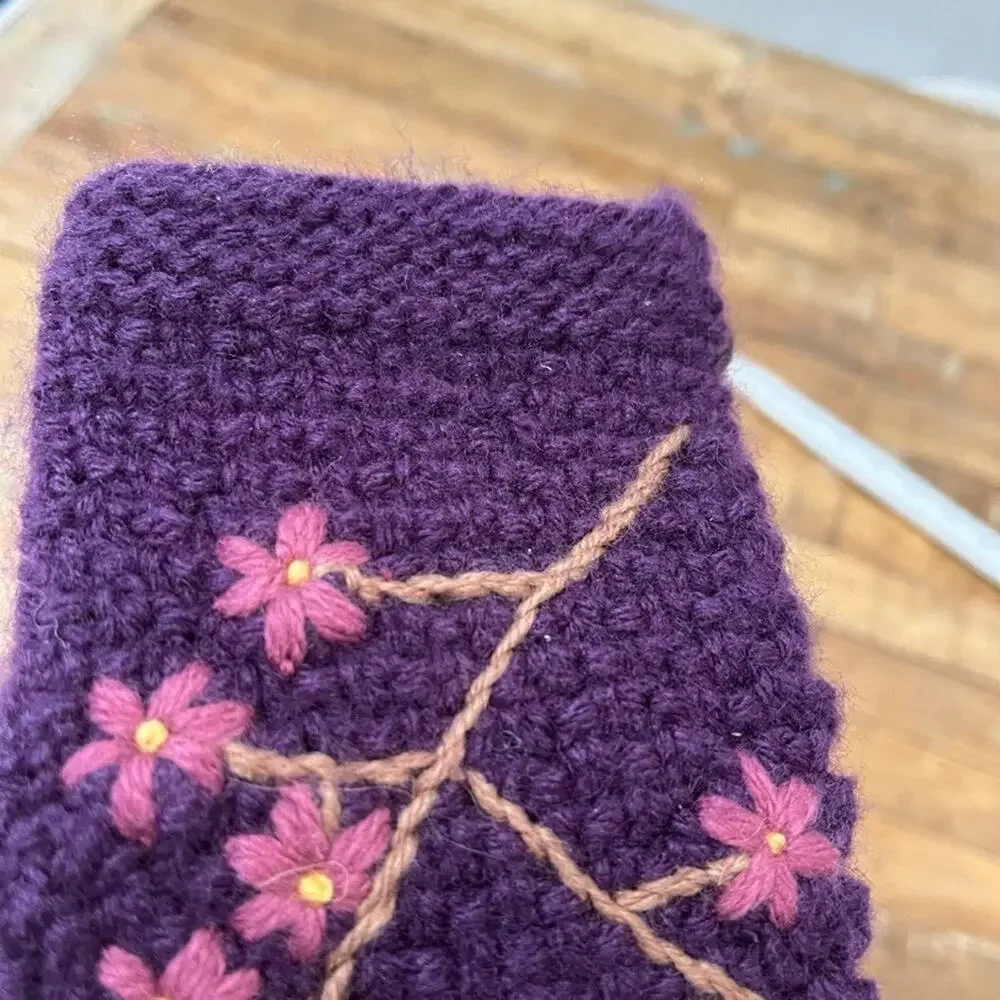 Andes Gifts Han-Knit Fingerless Gloves Purple Floral Embroidery NWT
